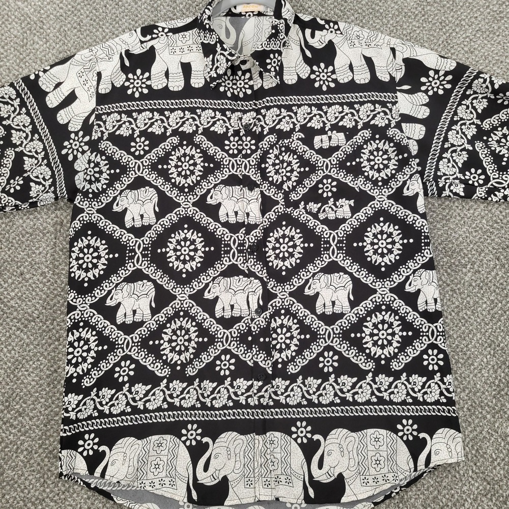 Aporn Mens XXXL Elephant Mandala Print Button Up Shirt Black White Thailand
